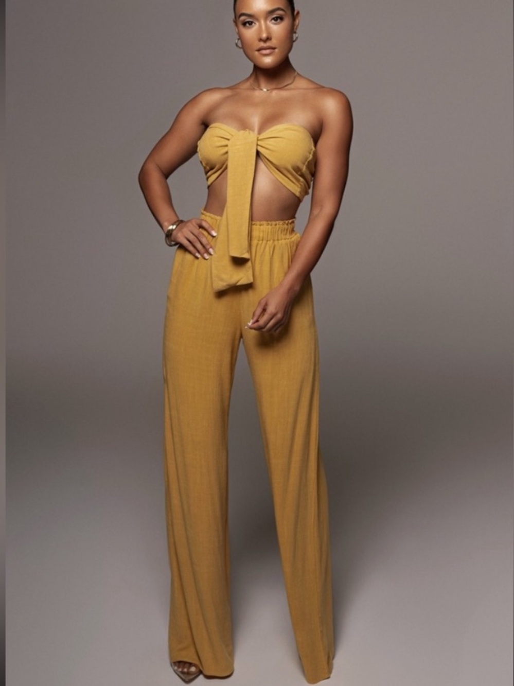 NWT JLUXLABEL Wide-Leg pant set with Tie-Front bandeau in Mustard Yellow small